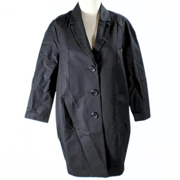 Black Overcoat Trench Chic Fall Outerwear Red Trim & Polka Dot Lining, Y2K Vibes - Picture 1 of 8